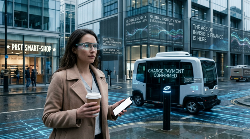 Person using digital wallet in a future of cashless payments city environment