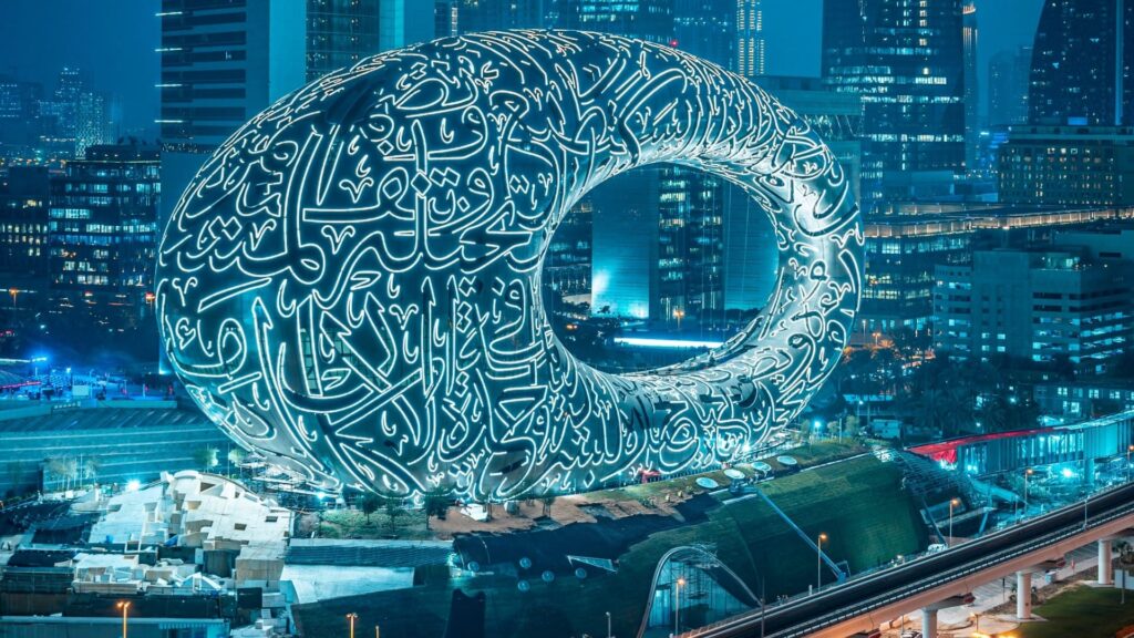 Panoramic view of Dubai’s most Instagrammable landmarks in 2026, including the Burj Khalifa, Museum of the Future, Palm Jumeirah, and Dubai Marina at sunset.