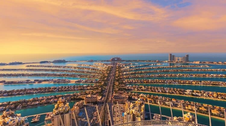 Panoramic view of Dubai’s most Instagrammable landmarks in 2026, including the Burj Khalifa, Museum of the Future, Palm Jumeirah, and Dubai Marina at sunset.